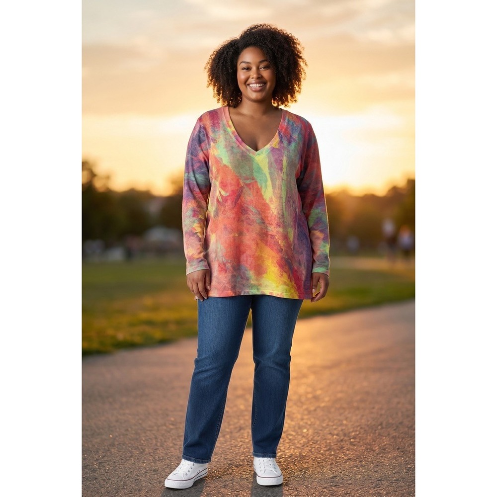 Womens Abstract Multi Color Brushstroke V-Neck Long Sleeve Tunic Top Art to Wear